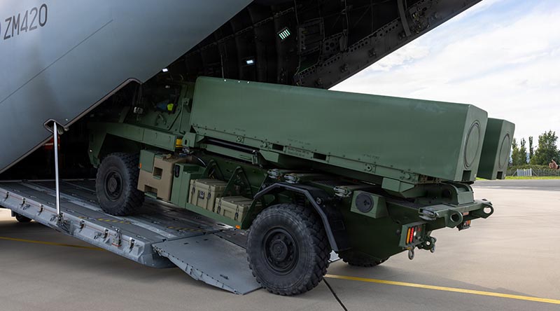U.S. Marines with 1st Battalion, 10th Marines and U.K. Airmen with RAF Brize Norton prepare to load an Australian Strike Master Coastal Defense System inside an Airbus A400M Atlas in Trondheim, Norway, Aug. 28, 2026, during Atlantic City 26. The operation is a Norwegian-led trilateral readiness initiative with the United Kingdom and United States, designed to develop and demonstrate expeditionary advanced base capabilities and validate combined fires, maritime domain awareness, and sea denial to reinforce the security and stability of the High North. (U.S. Marine Corps photo by Sgt. Kedrick Schumacher)