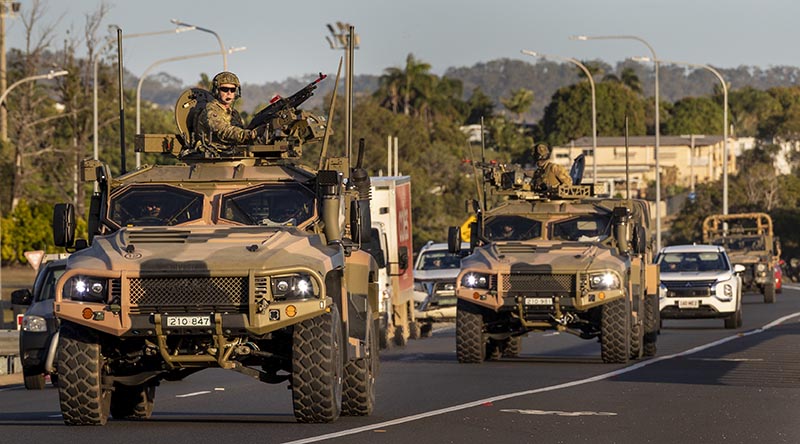 An Australian Army Long Range Reconnaissance troop departs Gladstone for Emerald, Queensland, as part of Exercise Austral Shield 2026. Photo by Captain Jordan Grantham.