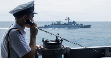 Navigating Officer HMAS Perth, Lieutenant Brynn Mackereth on the bridge wing of HMAS Perth during a passage exercise with HTMS Bangpakong off the coast of Thailand during Perth's 2026 Indo-Pacific Regional Presence Deployment. Photo by Leading Seaman Connor Morrison.