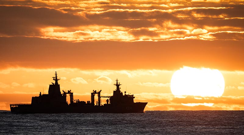 HMAS Stalwart breaks away from HMAS Stuart after conducting a replenishment at sea during Regional Presence Deployment 2026. Photo by Petty Officer Matthew Lyall.