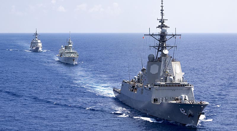 HMAS Sydney (V), HMCS Regina and JS Fuyuzuki sail in company during Exercise Pacific Vanguard. Photo by Leading Seaman Lauren Pugsley.