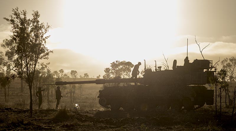 Soldiers from the 4th Regiment, Royal Australian Artillery, prepare the AS9 Huntsman Self-Propelled Howitzer for a live-fire serial during Exercise Pozieres Run, at Townsville Field Training Area, Queensland. Photo by Corporal Caitlyn Davill.