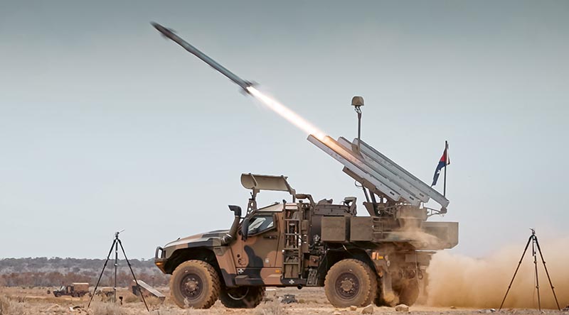 An Australian Army Hawkei high-mobility launcher from 16th Regiment fires an AIM-9X Sidewinder missile at the Woomera test range in South Australia. Photo by Corporal Cameron Pegg.