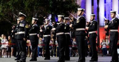 Royal Australian Navy sailors from HMAS Moreton, conducting Beat-to-Quarters at King George Square, Brisbane, Queensland. Photo by Corporal Gabriel Argent.