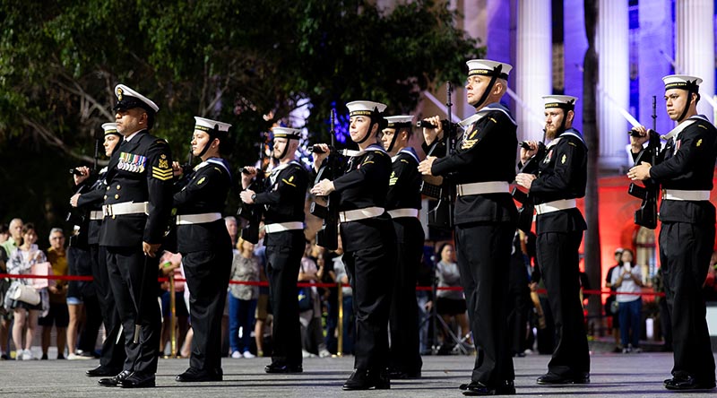 Royal Australian Navy sailors from HMAS Moreton, conducting Beat-to-Quarters at King George Square, Brisbane, Queensland. Photo by Corporal Gabriel Argent.