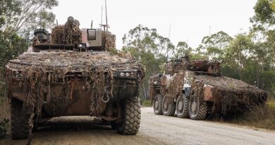 Australian Army Boxer combat reconnaissance vehicles from the 2nd/14th Light Horse Regiment (Queensland Mounted Infantry) during Exercise Diamond Run at Shoalwater Bay Training Area, Queensland. Photo by Corporal Janet Pan.
