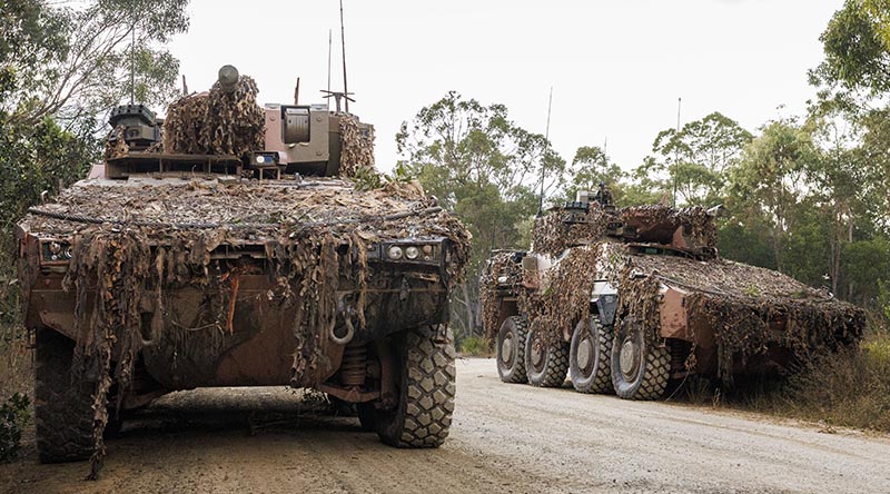 Australian Army Boxer combat reconnaissance vehicles from the 2nd/14th Light Horse Regiment (Queensland Mounted Infantry) during Exercise Diamond Run at Shoalwater Bay Training Area, Queensland. Photo by Corporal Janet Pan.
