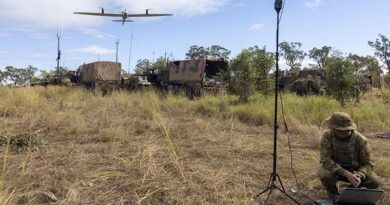 Australian Army soldier Corporal Harrison Hinson from the 2nd Cavalry Regiment observes a Quantum Vector Drone during Exercise Southern Jackaroo at Townsville Field Training Area, Queensland. Photo by Private Alli Craig.