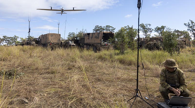 Australian Army soldier Corporal Harrison Hinson from the 2nd Cavalry Regiment observes a Quantum Vector Drone during Exercise Southern Jackaroo at Townsville Field Training Area, Queensland. Photo by Private Alli Craig.