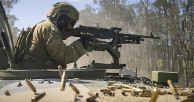 An Australian Army transport soldier defends his convoy on an Army School of Transport defensive-logistics course at Puckapunyal Military Training Area, Victoria. Photo by Leading Aircraftman Chris Tsakisiris.