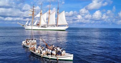 Crewmembers of the BE Esmeralda are set adrift on lifeboats for a navigation exercise. Photo supplied.
