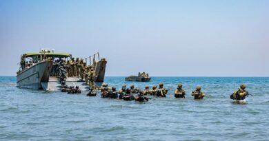 Soldiers from the Australian Army and Indonesian Armed Forces marines conduct an amphibious landing from an LCM-8 at Banongan Beach, Indonesia, during Exercise Keris Woomera 2026. Photo by Captain Annie Richardson.