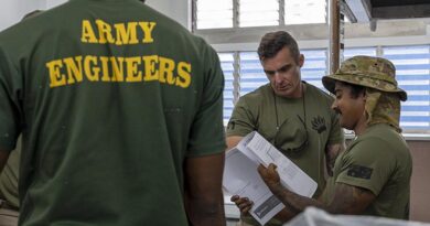 Australian Army soldiers Corporal Kieren Thompson and Sapper Albert George from 3rd Combat Engineer Regiment review equipment instructions in the soldiers’ mess as part of Exercise Puk Puk at Igam Barracks, Lae, Papua New Guinea. Photo by Corporal Caitlyn Davill.