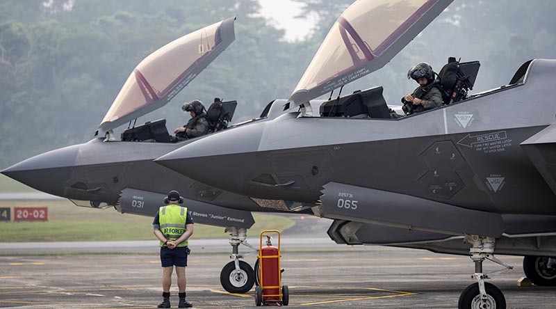 Two Royal Australian Air Force No. 3 Squadron F-35A Lightning II ready for take-off from Paya Lebar Air Base, Singapore, during Exercise Bersama Lima 26. Photo by Leading Seaman Rikki-Lea Phillips.