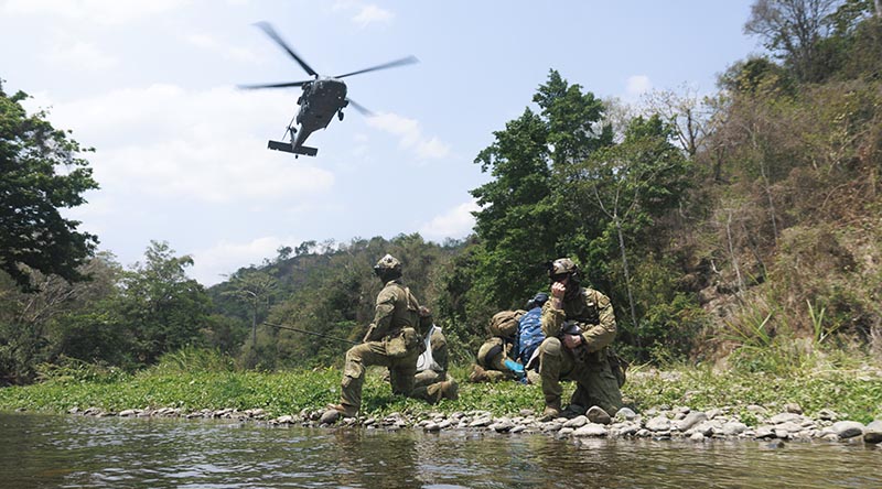 An Australian Army UH-60M Black Hawk helicopter prepares to land during an aeromedical evacuation scenario as part of Exercise Helicon Luk 2026 in Papua New Guinea. Photo by Corporal Andrew Shaw.