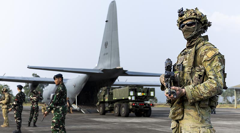 Australian Army soldiers from 2nd Battalion, The Royal Australian Regiment and Indonesian Armed Forces provide security during Exercise Keris Woomera 2026 in Manado, Indonesia. Photo by Corporal Dana Millington.