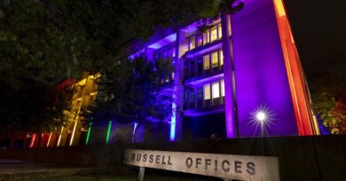 Russell Offices in Canberra, ACT, lit up in support of Sydney’s Gay and Lesbian Mardi Gras Parade for World Pride Month, 2023. Photo by Lauren Larking.