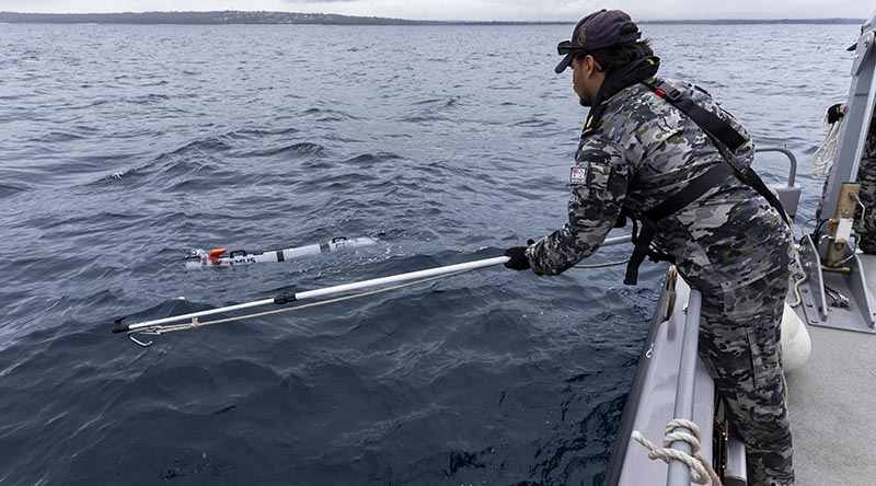 Royal Australian Navy's Able Seaman Clay Viera, conducts operations with an autonomous underwater vehicle during Exercise Dugong 2026 in Jervis Bay, ACT. Photo by Leading Seaman Megan Maguire.