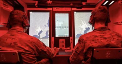 Soldiers from Australia's 1st Division man the Australian NASAMS fire distribution centre during an air defence training simulation with Japan Ground Self-Defense Force and US Army personnel during Exercise Orient Shield at Camp Higashi-Chitose, Japan. Photo by Captain Brodie Cross.
