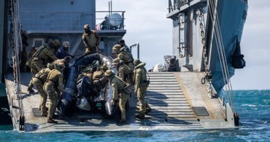 Australian Army soldiers from the 1st Battalion, Royal Australian Regiment, and Papua New Guinea Defence Force soldiers from the 1st Battalion, Royal Pacific Island Regiment, put a Zodiac in the water during Exercise Wantok Warrior 2026 in Papua New Guinea. Photo by Gunner Jesse Linards.