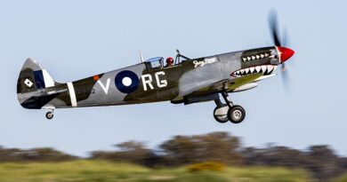 Royal Australian Air Force pilot Flight Lieutenant Lars Larson, from No. 100 Squadron, takes off in a Spitfire Mk VIII from Temora Aviation Museum, New South Wales. Photo by Leading Aircraftwoman Nell Bradbury.