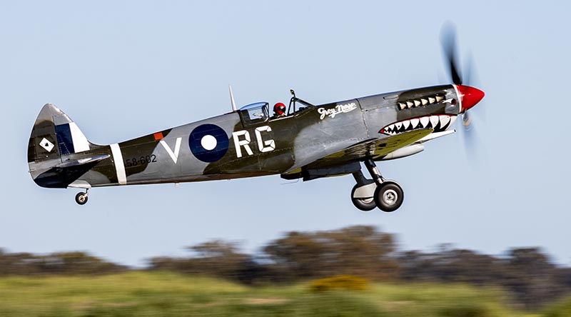 Royal Australian Air Force pilot Flight Lieutenant Lars Larson, from No. 100 Squadron, takes off in a Spitfire Mk VIII from Temora Aviation Museum, New South Wales. Photo by Leading Aircraftwoman Nell Bradbury.